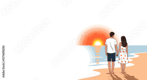  Romantic couple watching sunset on beach colorful illustration