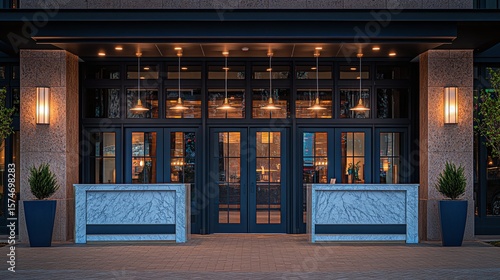 Modern Building Entrance At Night With Blue And Gray Accents