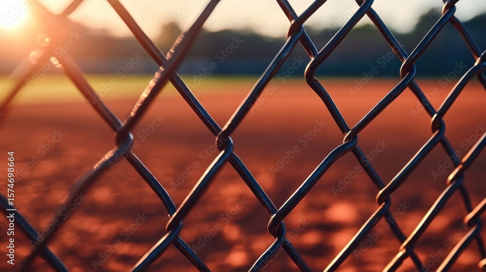 Fototapeta premium Sunset through chain-link fence at a sports field