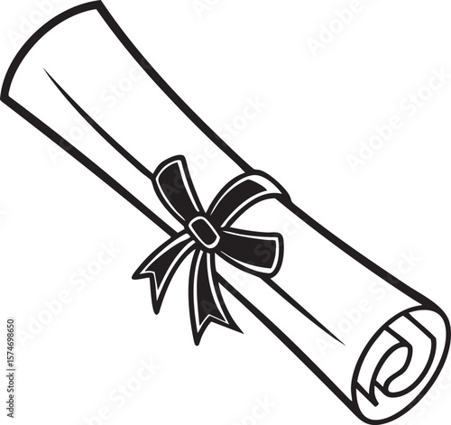 Stylized black and white diploma scroll with ribbon isolated on white background
