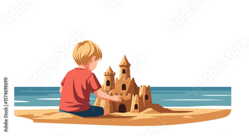 Young boy building sandcastle by the sea colorful illustration