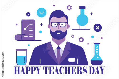 Science Teacher Vector Illustration with Robotics, Chemistry, and Math – Tech Blue Purple Theme.