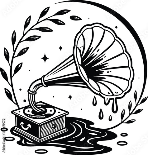 Vintage gramophone with vinyl record, an antique music player perfect for retro sound and nostalgic audio illustrations