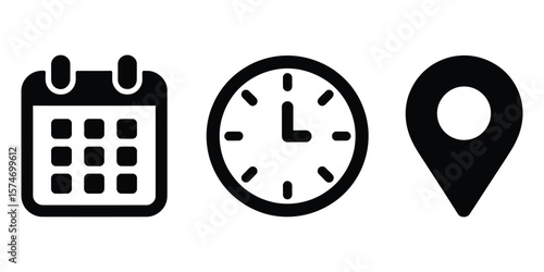 Calendar, Clock, and Location Pin Icons in Black on White Background Design