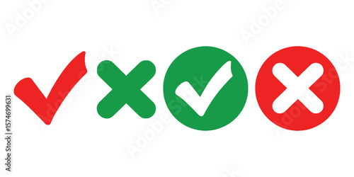 Check Mark And Cross Symbols, Circular Shape Signs On White Background