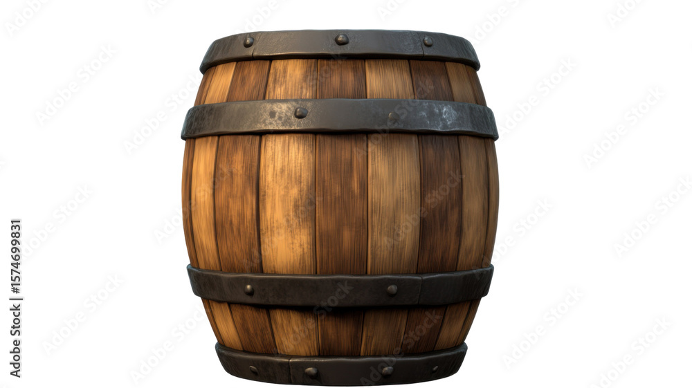 Obraz premium Classic wooden barrel with natural oak texture and metal rings used for aging and storage isolated on white background