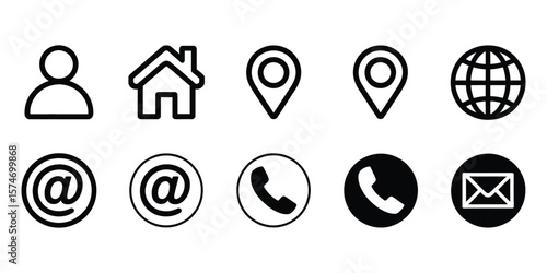 Contact Information Icons Set with Profile, Home, Location, Globe, Email, Phone