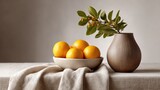 Still life arrangement of oranges and a vase.