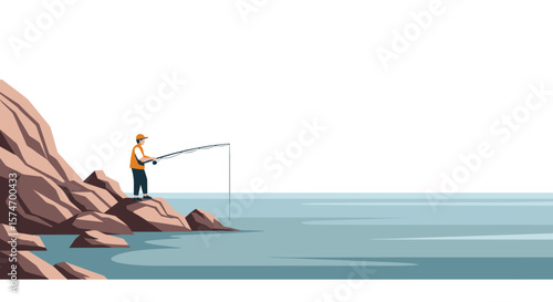  Man fishing on rocky shore calm sea minimalistic illustration