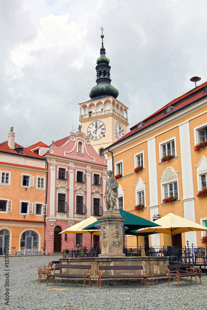 Fototapeta premium Close-up of a city square in Mikulov, South Moravian Region of the Czech Republic. Popular touristic destination.
