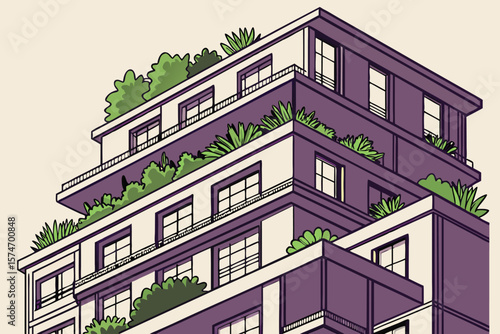 Illustration of a modern tiered building with balconies and rooftop greenery in an urban setting view