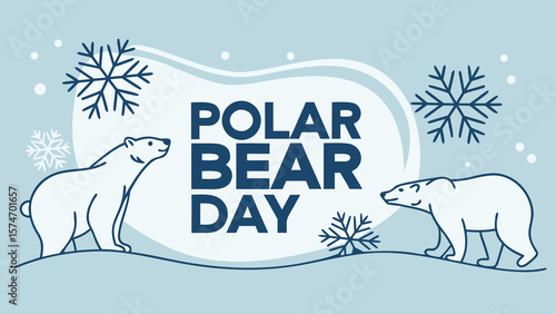 Serene Polar Bear Day Illustration: Two Outline Polar Bears Amidst Snowflakes and Abstract Winter Shapes, Minimalist Blue and White Design, Celebratory Mood.