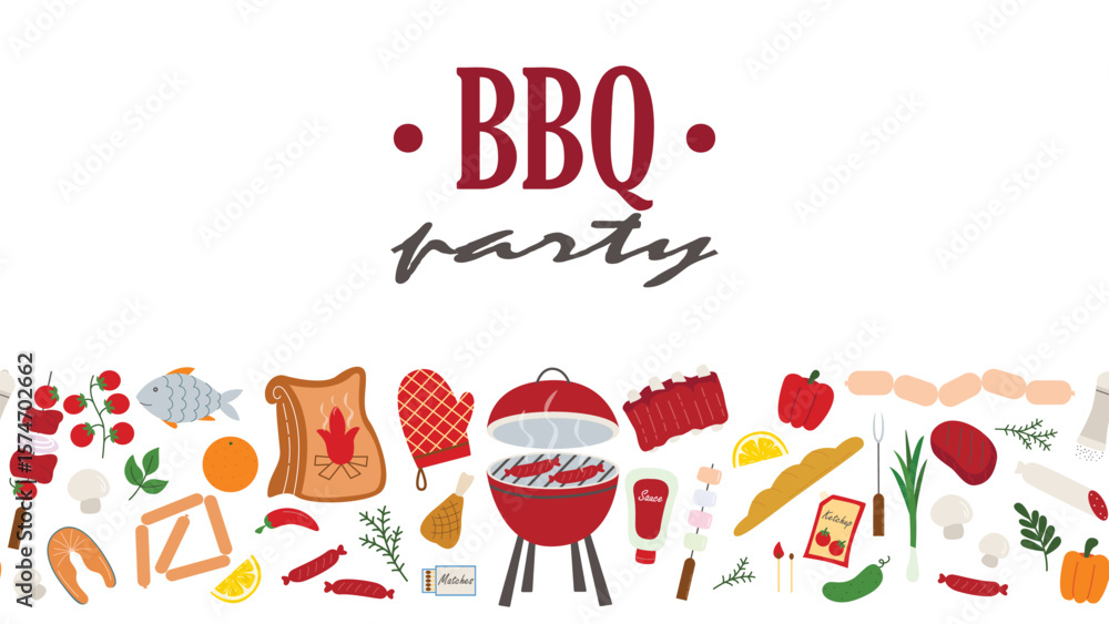 Fototapeta premium Horizontal bbq party banner. Seamless border of sausage, meat, vegetables, sausages, kebab maker, sauces and ribs. Summer picnic, vector graphic