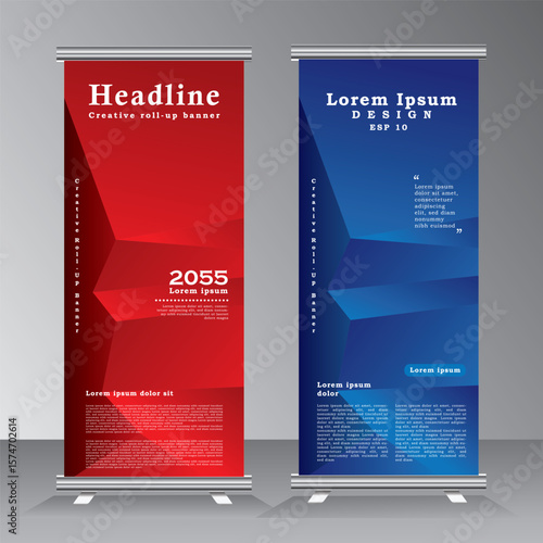 Abstract roll up banner template design, roll up banner design template with blue and red color, Vertical banner template, pull up, sandees, for event, project, exhibition, party, conferance, company,