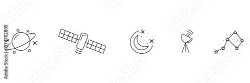 Planet orbit satellite crescent night signal constellation galaxy science exploration star line astronomy cosmic system icon vector illustration.