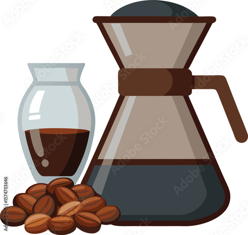 Coffee pour over set with beans and brewed coffee