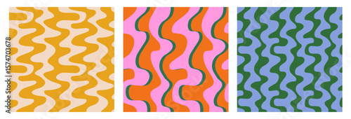 Set of abstract wave stripe seamless pattern. Groovy style background for fabric, textile, clothing, cover, poster, banner, packaging, wallpaper, interior decor. Vector illustration.