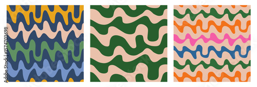 Set of abstract wave stripe seamless pattern. Groovy style background for fabric, textile, clothing, cover, poster, banner, packaging, wallpaper, interior decor. Vector illustration.