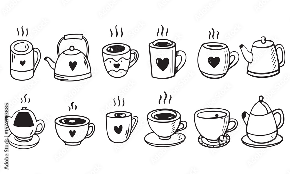 Fototapeta premium Coffee Cups and Tea Cups Doodles set