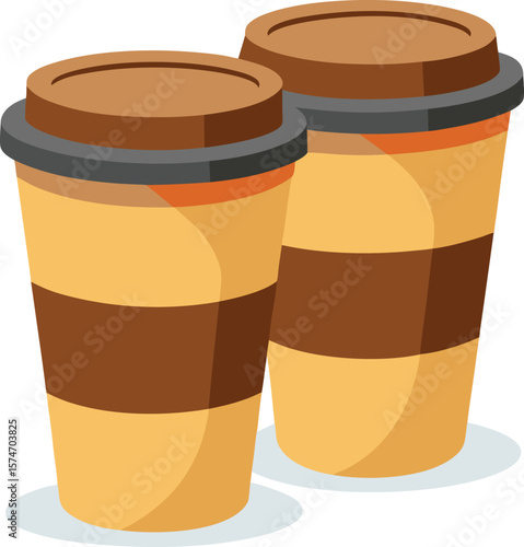 Two stylized coffee cups with brown lids and bands