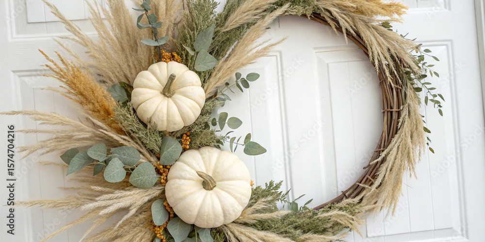 Obraz premium Festive halloween wreath hangs on a white wooden door, featuring pampas grass, eucalyptus leaves, and white pumpkins, creating a stylish and welcoming autumnal decoration with copy space