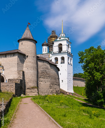 Landscape with the Great Clock Tower and the belfry of the Holy Trinity Cathedral of the Pskov Kremlin, Russia