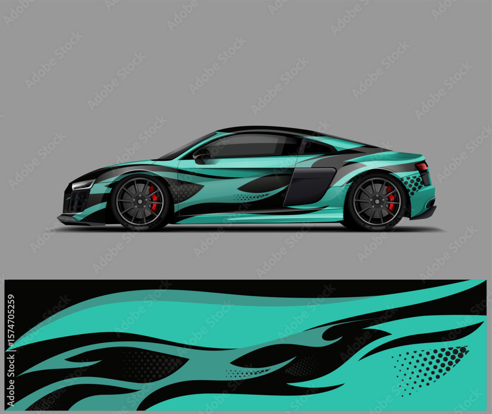Fototapeta premium Teal and Black Flame Car Wrap – Futuristic Sport Vinyl Design