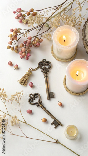 Three antique keys are laying on a white surface next to burning candles, dried flowers, and decorative elements, evoking a mysterious and cozy halloween atmosphere