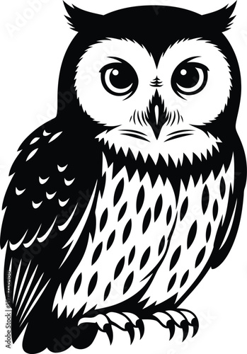 A stylized black and white illustration of a great horned owl on a white background