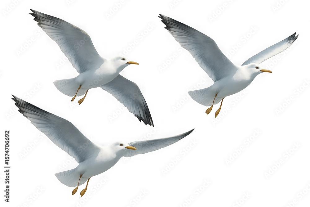 Three white seagulls with grey wingtips gracefully soaring through the air in flight isolated on transparent background Three white seagulls with grey wingtips gracefully soaring through the air in flight isolated on transparent background