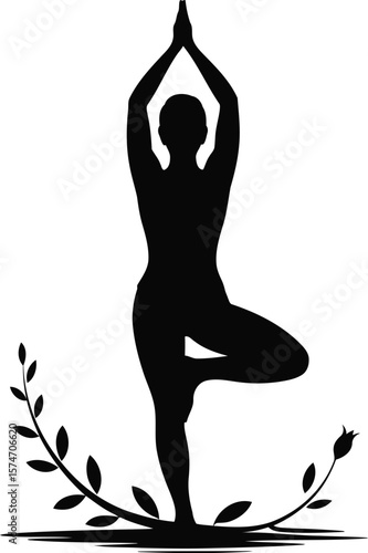 Silhouette of a woman in a tree yoga pose with floral