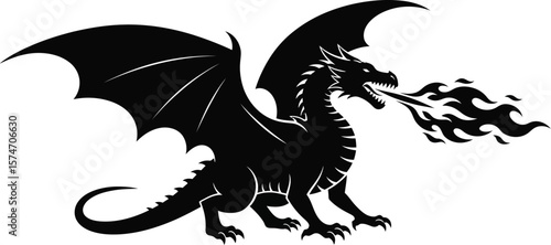 A black silhouette of a dragon breathing fire with wings spread on white background