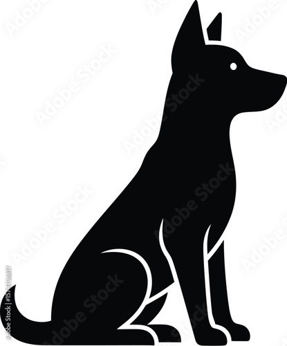 A black silhouette of a dog sitting upright with its ears perked and tail curled