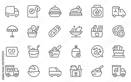 Food Delivery and Service Line Icons: Modern Restaurant, Takeout, and Logistics Vector Graphics for Online Ordering and Meal Solutions