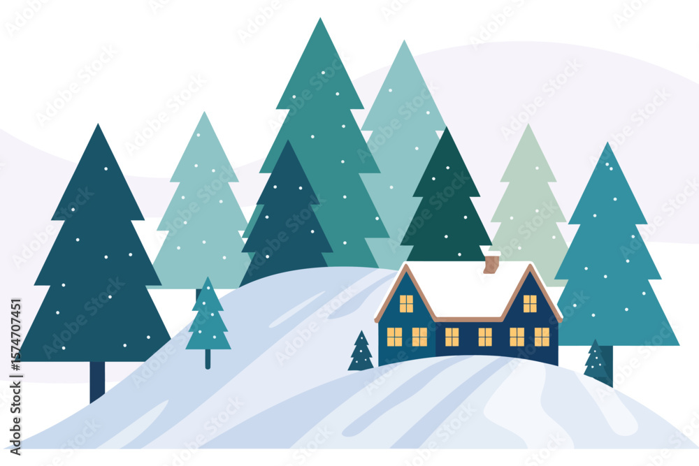 Naklejka premium Wooden cabin nestled in snow with pine forest