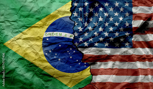 US and Brazilian flags on a cracked background. Political and economic conflict between Brazil and the US. 50% tariff. Trade deficit.