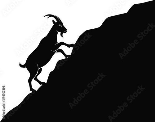 A black silhouette of a goat climbing a steep rock face against a white background