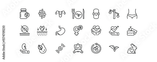 Editable stroke icon set about feminine health, intimate care, probiotics, and vaginal wellness. Ideal for packaging and medical infographics.