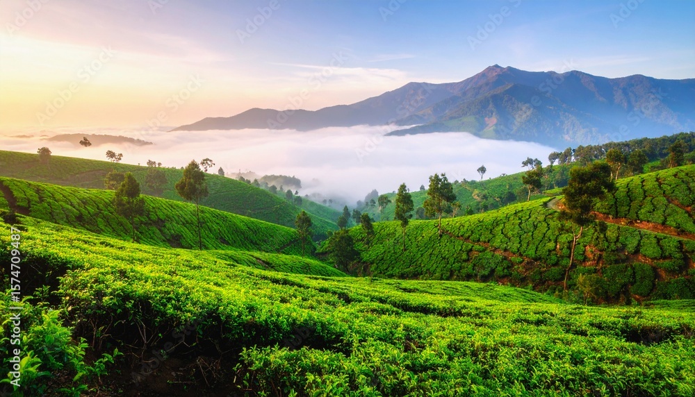 Fototapeta premium Rolling tea plantation hills at sunrise with soft morning mist