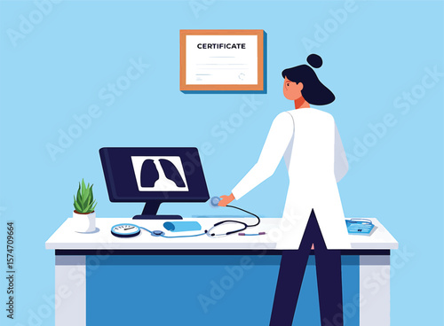 Doctor Reviewing X-Ray on Computer in Office