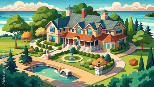 Aerial view of an elegant luxury lakeside home with manicured landscaping and an attached garage, nestled along the tranquil shores of Lake Michigan. Surrounded by trees, winding driveway