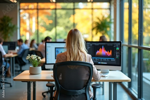 Blonde woman works at computer in modern office with autumn trees viewable through large windows