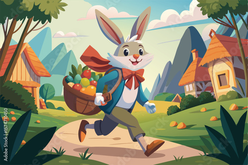 Happy Rabbit Running Through a Picturesque Village with a Fruit Basket