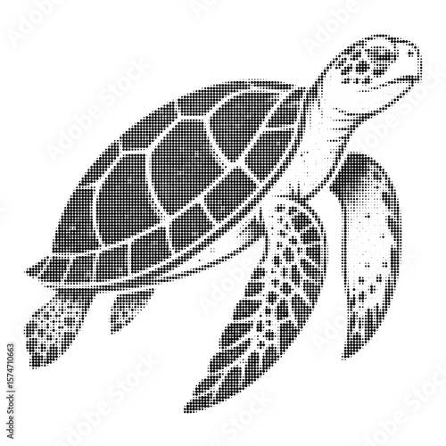 Halftone sea turtle vector illustration in retro engraving style, vintage marine wildlife design perfect for prints, tattoos, art projects