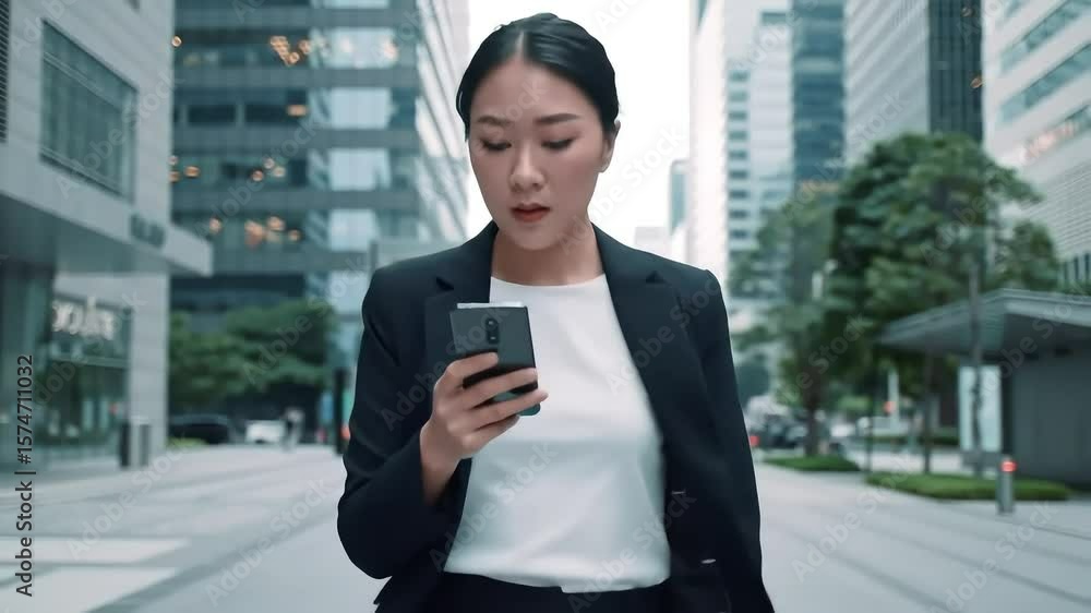 An asian businesswoman uses her phone while walking in the city An asian businesswoman uses her phone while walking in the city