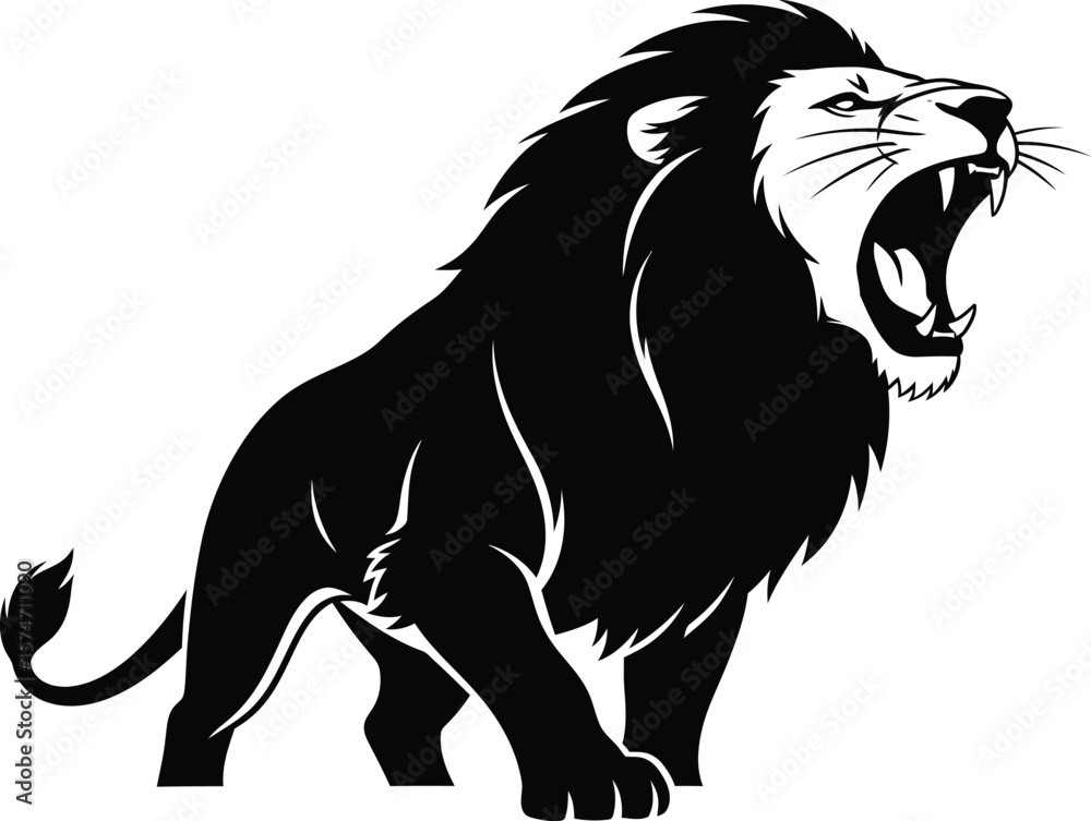 Obraz premium A black and white illustration of a roaring lion with its mouth open wide showing teeth