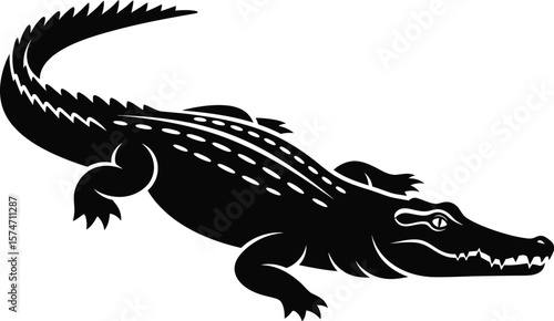 A black silhouette of an alligator with a curved tail on a white background