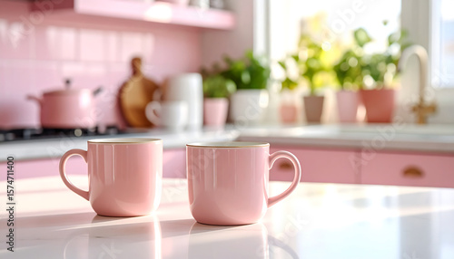Pastel pink kitchen counter with 60s style mugs