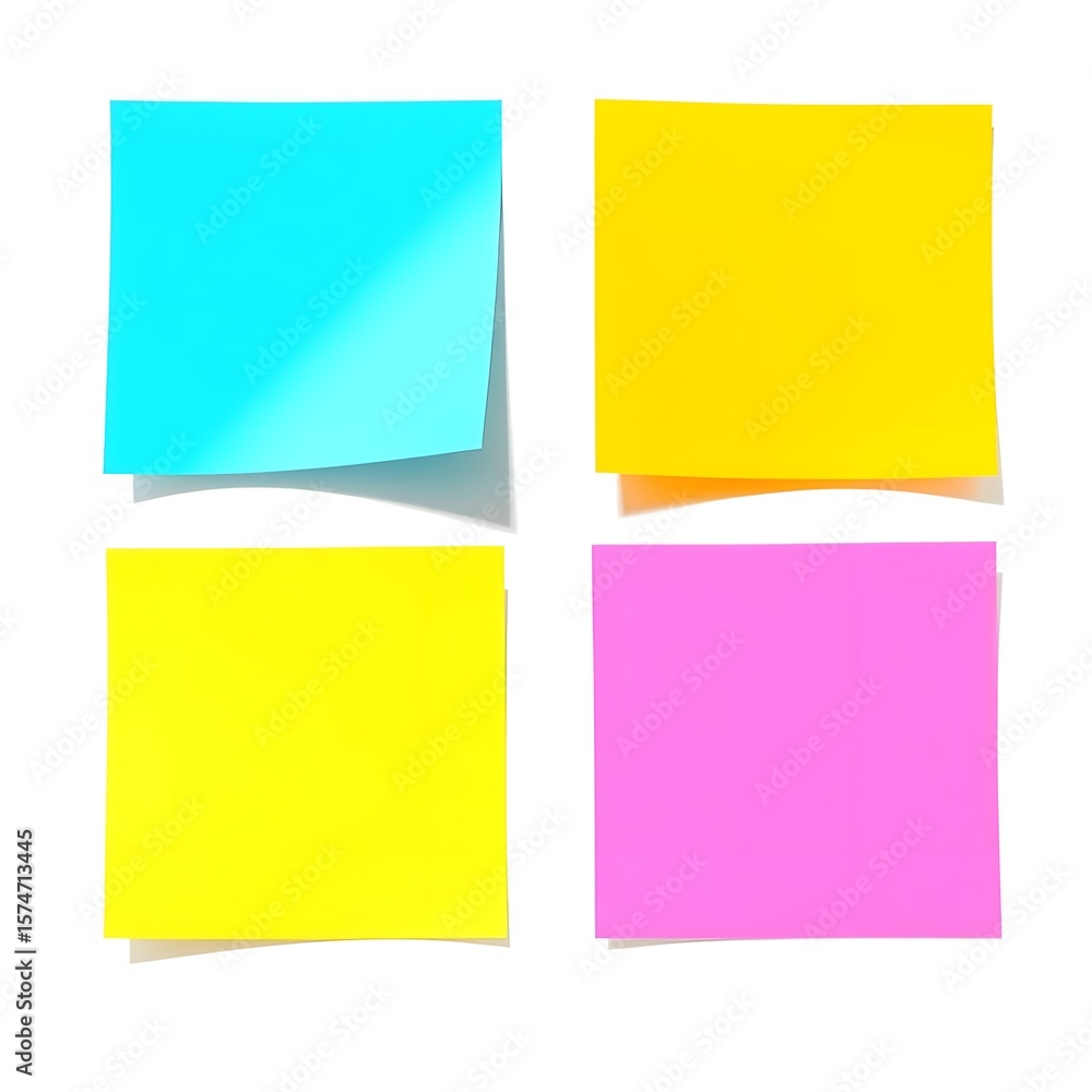 4 post-it notes, isolated, blue, red and yellow, 4 post-it notes, isolated, blue, red and yellow,