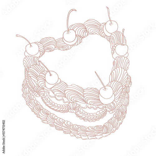 Hand-drawn illustration of an elegant cake and dessert in a retro vintage style, cute line drawings for bakery, cafes, birthday menus, posters, cards, and graphic design.